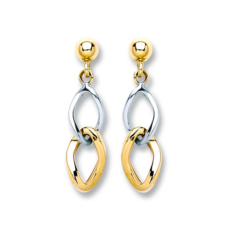 9ct Yellow and White Gold Linked Dropper Earrings.