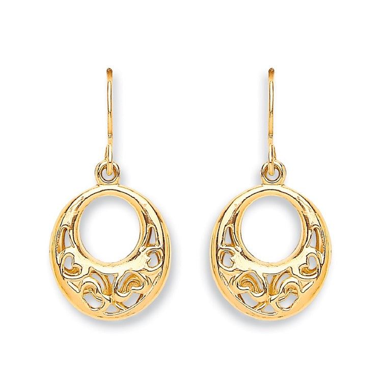 9ct Gold Filigree Heart Dropper Earrings.