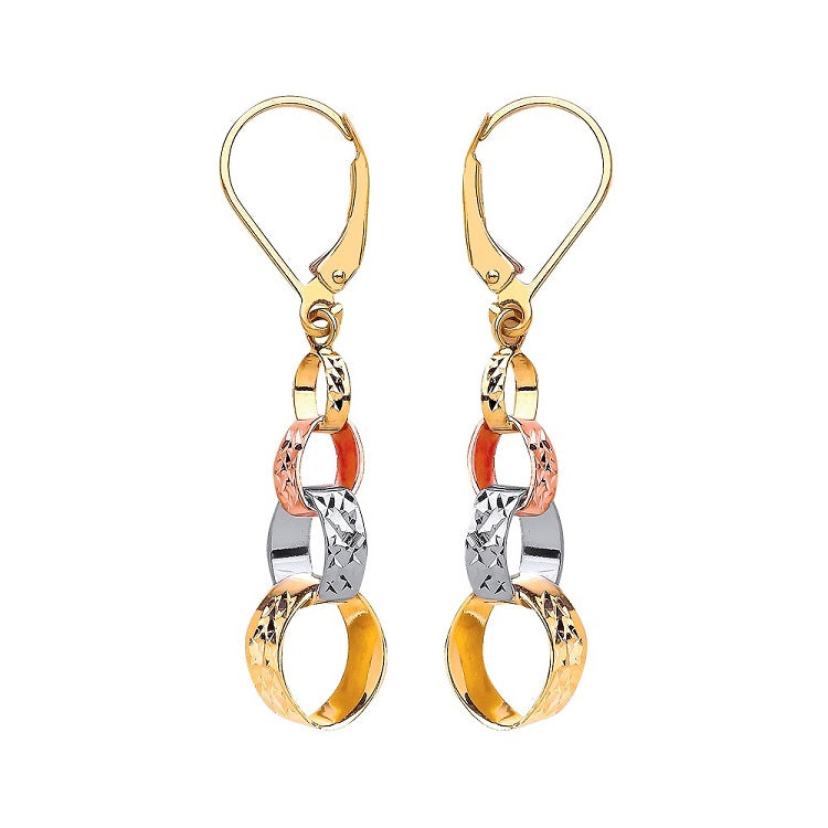 9ct 3 Colour Gold Diamond Cut Round Linked Drop Earrings